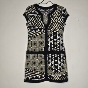 BCBGMAXAZRIA Daly Geometric Tribal Print Dress Black Gold XS IWC6I509